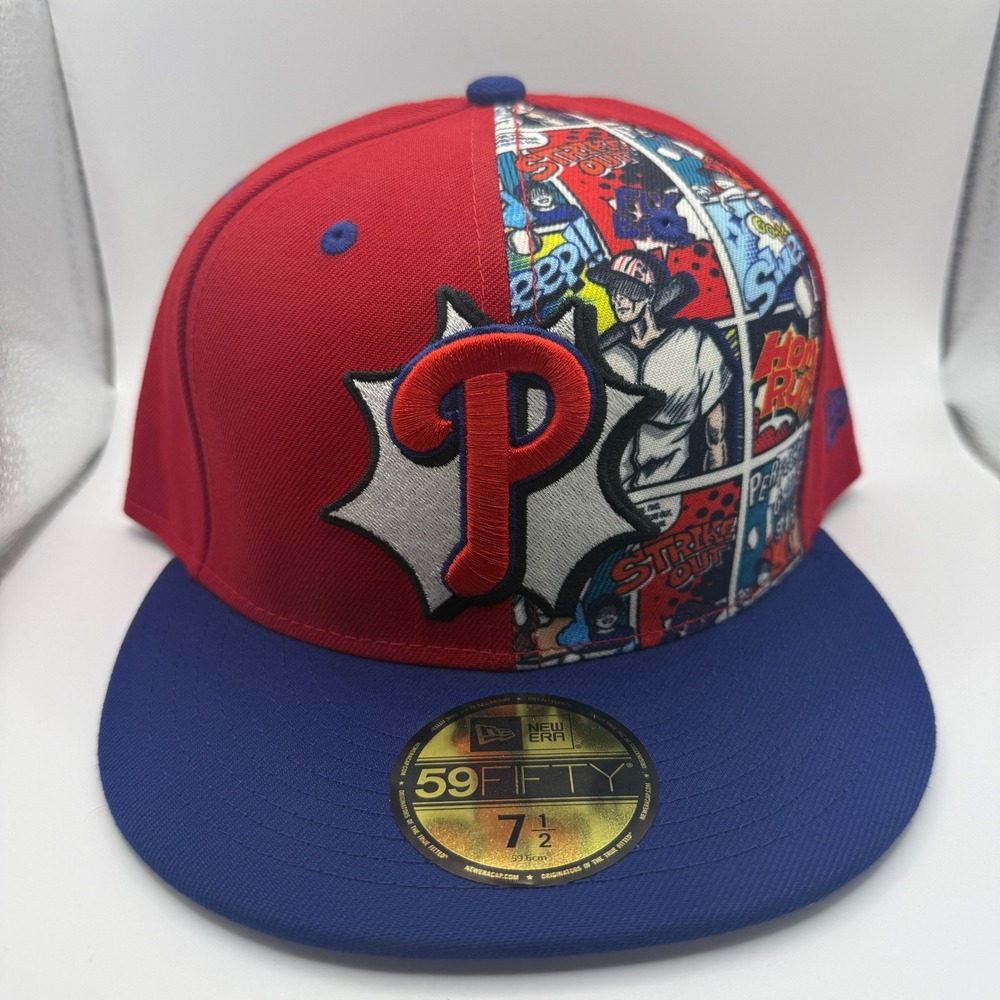 New Era 59FIFTY Philadelphia Phillies Comic Print Fitted Hat 7 1/2 Red Blue
